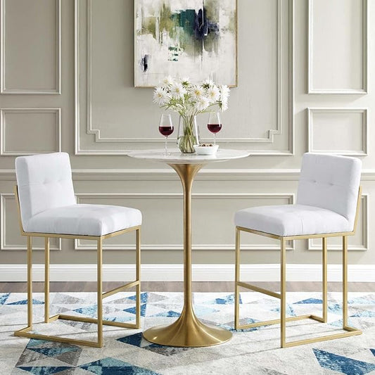 Modway Privy Stainless Steel Performance Velvet Bar Stool Set of 2, Gold White