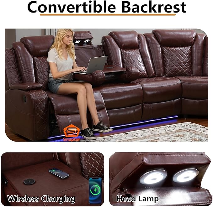 Power Leather Recliner Sectional Sofa with LED Light,L Shaped Reclining Couch with USB Charger/Cup Holder/Storage,Leather Sofa for Living Room Furniture Sets(Burgundy,Sectional)