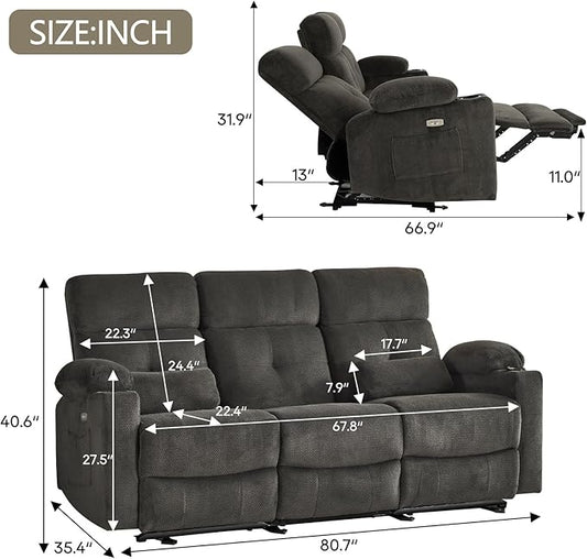 Power Reclining Sofa with Heat and Massage, Electric Reclining Couch with Extended Footrest, Wall Hugger Recliner Sofa 3 Seater with USB&Type-c Ports for Living Room, Bedroom(Grey)