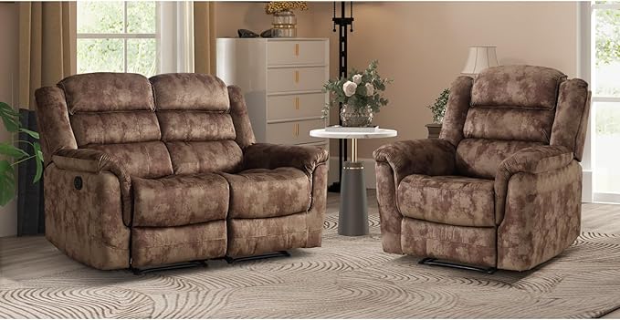 EBELLO 2 Pieces Loveseat Reclining Couch Furniture Set, Soft Fabric Manual Recliner Sofa Home Theater Seating, Manual Recliner and Wide 2PC Bonded Sofa Set for Living Room, Brown