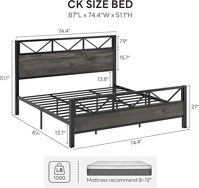 LIKIMIO California King Bed Frame, Tall Industrial Headboard 51.1 ", Platform Bed Frame with Strong Metal Support, Solid and Stable, Noise Free, No Box Spring Needed, Easy Assembly, Charcoal Grey