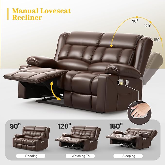 Loveseat Recliner Sofa, PU Leather Reclining Loveseat with USB Charge Ports, Cup Holders, 2 Seater Manual Pull Tab Recliner Loveseat Couches for Living Room, Brown
