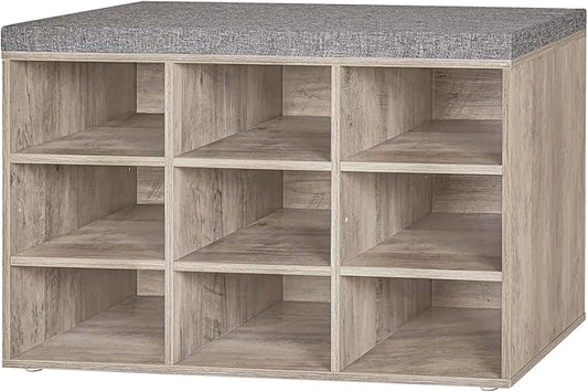 DINZI LVJ Shoe Bench, 9 Cubbies Shoe Organizer for Entryway, Storage Bench with Cushion, Cubby Shoe Rack with Adjustable Shelves for Living Room, Bedroom, Mudroom, Hallway, Greige