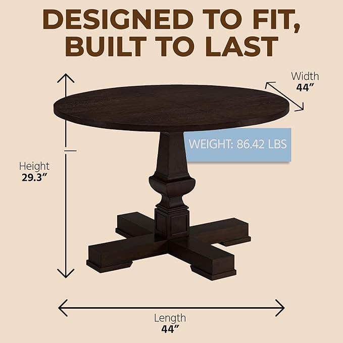 ROME + OAK Rumson Modern Dining Table, 44-Inch Round Tabletop with Sturdy Pedestal Base, Dark Brown - Natural Wood Furniture Piece for Homes