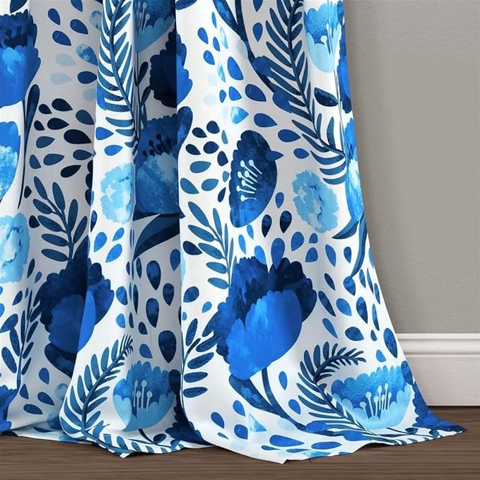 Lush Decor x 52", Blue Poppy Garden Curtains Light Filtering Window Set for Living, Dining, Bedroom, 84 in L Panel Pair