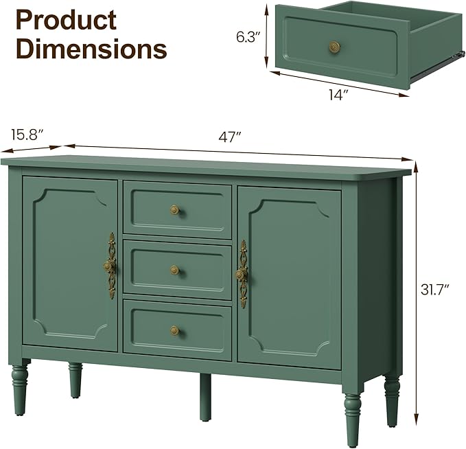 RoyalCraft Buffet Cabinet with 3 Drawers & 2 Doors, Vintage Sideboard with Storage, Mid Century Modern Painted Coffee Bar Table for Entryway, Living Room, Dining Room, Green
