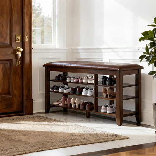 PY HOME & SPORTS Shoe Rack for Entryway 47": 3-Tier Shoe Storage Bench, Adjustable/Removable Shelves, Rubberwood Shoe Benches for Hallway, Porch, Bathroom, Brown