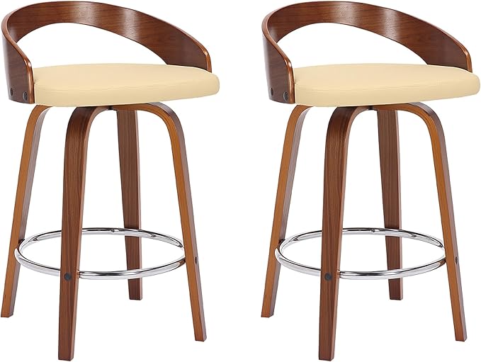Armen Living Sonia 26" Counter Height Swivel Cream Faux Leather and Walnut Wood Bar Stool - Set of 2