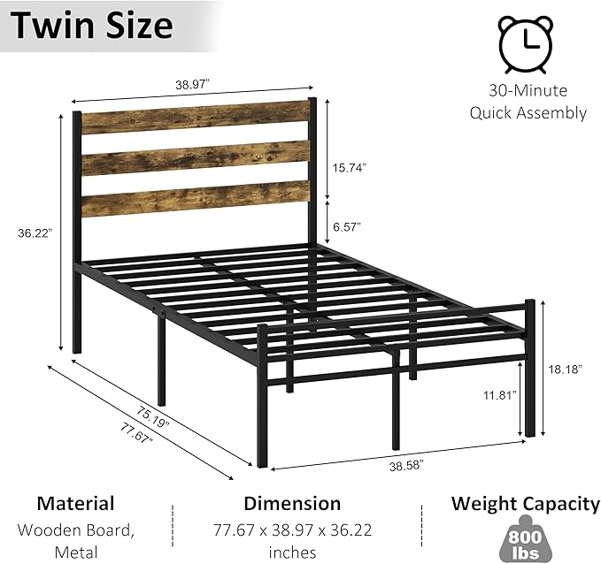 Metal Platform Bed Frame with Headboard, Twin Size 39.0W x 77.7L x 36.2H inches, Wood and Faux Leather, Walnut (Walnut Colour, Twin)