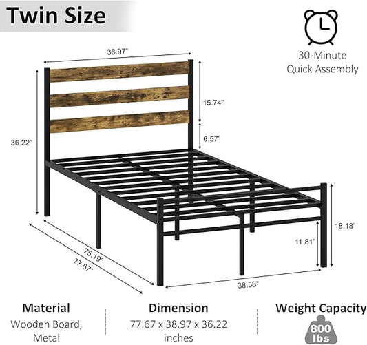 Metal Platform Bed Frame with Headboard, Twin Size 39.0W x 77.7L x 36.2H inches, Wood and Faux Leather, Walnut (Walnut Colour, Twin)