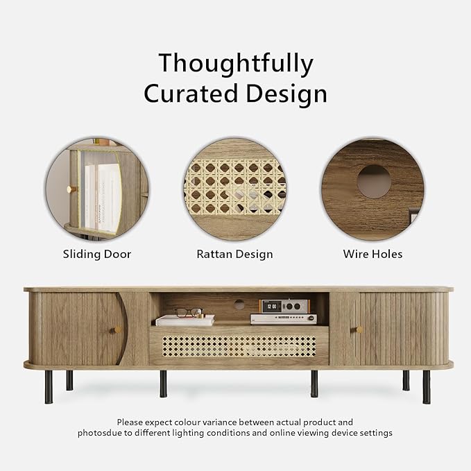 basenji 71" Fluted TV Stand with Sliding Doors & Rattan,Mid Century Modern Entertainment Center with Storage,Curved Edge Design,Media Console for TVs up to 85",TV Consoles for Living Room,Oak