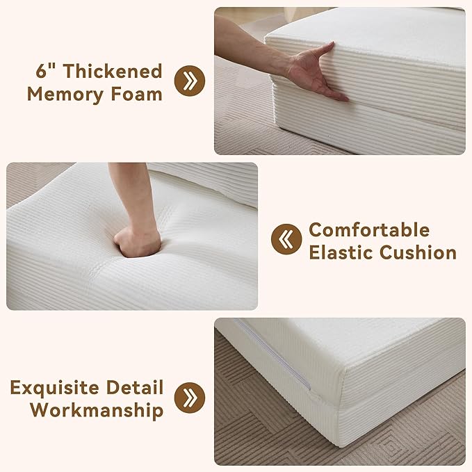 WUTUTUEE Folding Sofa Bed Convertible Floor Couch Foldable Chair Bed with Pillow，Linen Sleeper Chair Futon,Foldable Memory Foam Mattress for Bedroom/Living Room/Dorm/Office (Corduroy White, Standard)