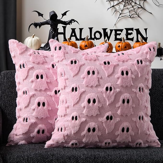 DFXSZ Halloween Pillow Covers 20x20 inch Set of 2 Pink Ghost Throw Pillow Cases Soft Plush Faux Fur Wool Couch Cushion Case for Chair Sofa Bedroom Living Room Home Decor PTK03B20