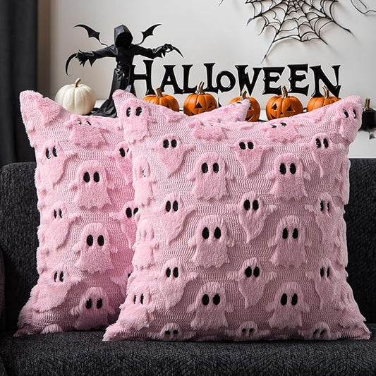 DFXSZ Halloween Pillow Covers 20x20 inch Set of 2 Pink Ghost Throw Pillow Cases Soft Plush Faux Fur Wool Couch Cushion Case for Chair Sofa Bedroom Living Room Home Decor PTK03B20