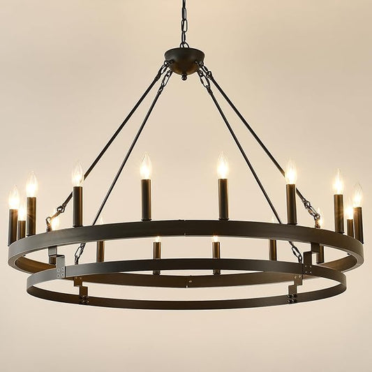 40 inch Black Wagon Wheel Chandelier,Farmhouse Industrial Country Style Round Pendant Light Fixture,Round Ceiling Light fixtures for Outdoor Porch high Ceilings Living Dining Room Foyer Entryway