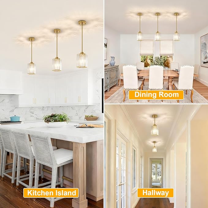3 Pack Crystal Pendant Lights Kitchen Island, Modern Brushed Gold Kitchen Pendant Lights Over Island, Hexagonal Crystal Hanging Lights for Island, Dining Room, Hallway, Foyer, Entryways