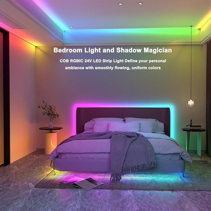 TOPAI 24V COB LED Strip RGB Smart IC, WS2811 Side Emitting 630LEDs/M High Density, 16.4FT, 8mm Width, Self Adhesive Backing, Flexible Multi Color Lighting for Home Decor