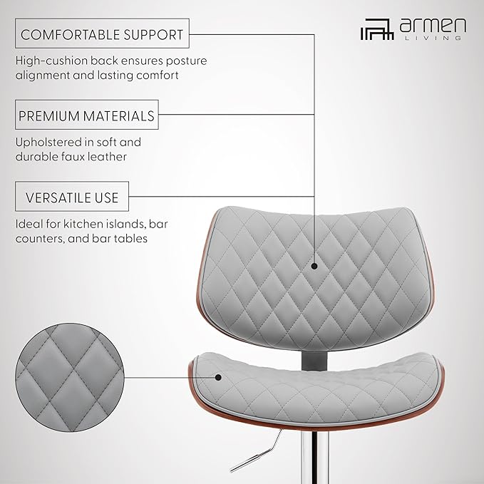 Armen Living Leland Adjustable Grey Faux Leather and Chrome Finish Bar Stool