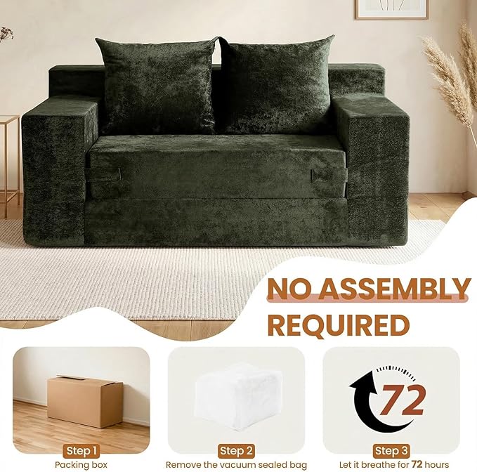 Convertible Sofa Bed, 5 in 1 Small Boneless Couch Pull Out Loveseat Sleeper Sofa,Corduroy Futon Couch Folding Mattress with 4 Pillows for Living Room (Green, Loveseat(Silky Velvet))