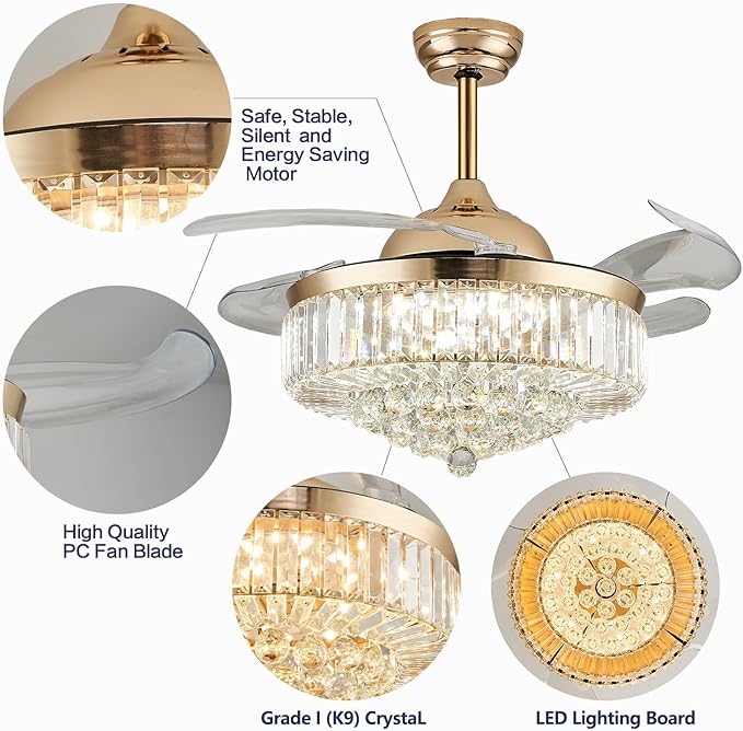DuMaiWay 48" Dimmable Crystal Ceiling Fan with Light, Fandelier,Chandelier Fan with 4 Retractable Blades LED Remote APP Control for Living Room, Bedroom, Dining Room 6 Speed-Gold