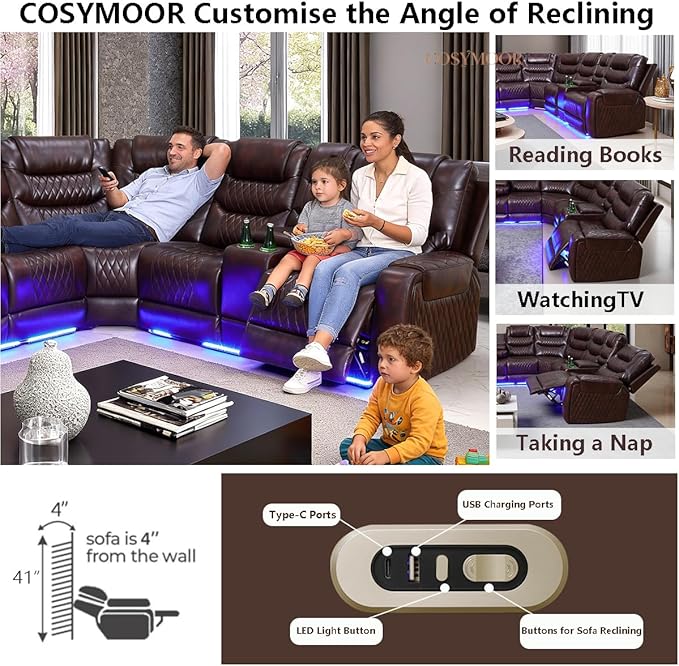 Power Reclining Sectional Sofa Set, Living Room Furniture Sets, Leather Recliner Corner Couches and 2 Chairs, Power Recliner Sectional with Cup Holder/Storage Console for Living Room