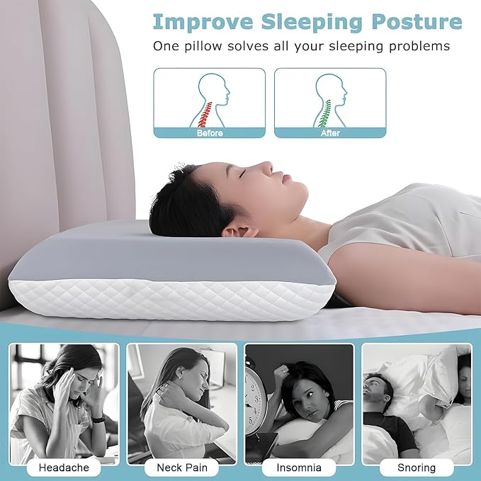 Memory Foam Pillow Queen Size, Cooling Bed Pillow for Sleeping – Medium Firm Neck & Shoulder Support, Slow-Rebound Comfort, Double-Sided All-Season Design, Washable Cover (White & Gray)