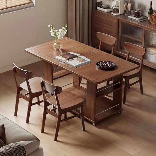 Folding Dining Table with Wheels, Solid Wood Dining Table Stylish 2-Tier Design for 2-4,Walnut Hidden Storage for Living Room,Small Spaces, Dining Room, Kitchen