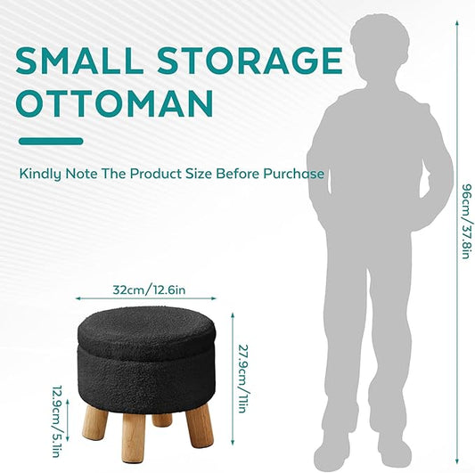 Small Foot Stool Ottoman with Storage, Sherpa Ottoman Foot Rest for Couch, Round Footstool with Storage, Small Ottomans and Footstools for Living Room and Entryway (Black)