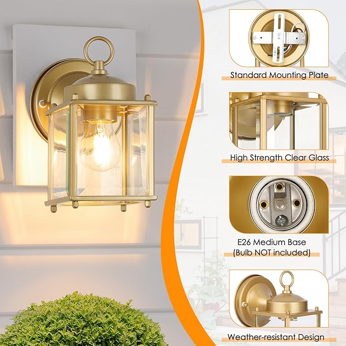 Outdoor Wall Lantern, Exterior Waterproof Wall Sconce Light Fixtures, Gold Front Door Lighting with Clear Beveled Glass Shade, 2 Pack