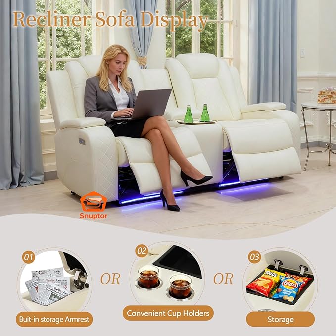 Power Leather Recliner Sofa Set with LED Light,Reclining Couch Set with USB Charger/Cup Holder/Storage,Leather Couch for Living Room Furniture Sets(3+2+1 Seats,Creamy)