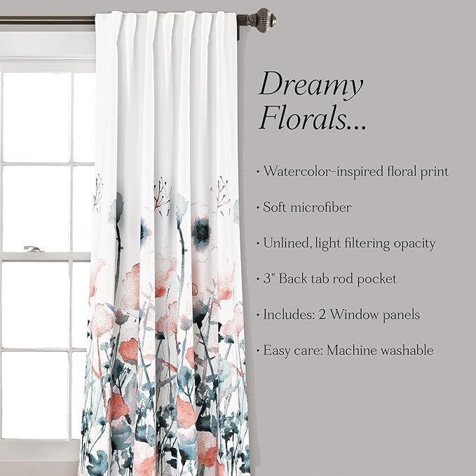 Lush DÉCOR Zuri Flora Curtains Light Filtering Window Panel Set for Living, Dining, Bedroom (Pair), 84 x 52 in, Blue and Coral, 2 Count