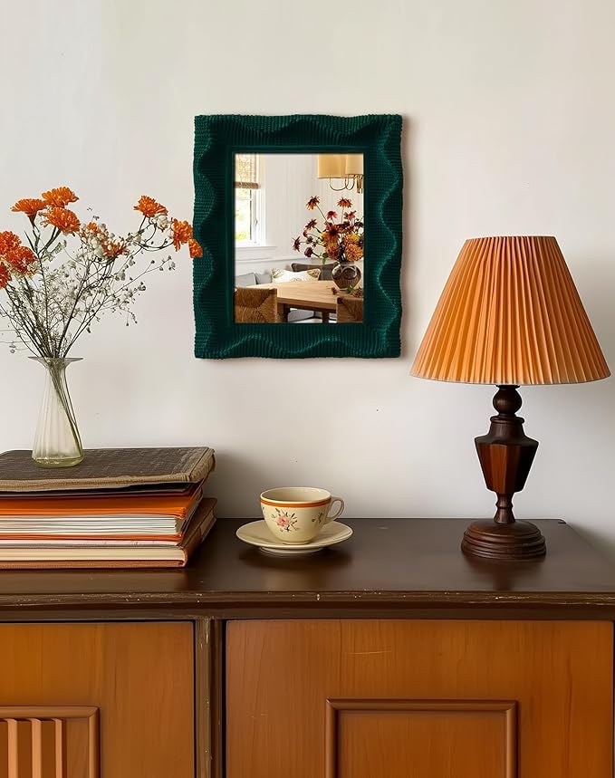 Green Wall Mirror Decor for Living Room Hallway Bedroom, 9.5x7.5 Wavy Framed Mirror with Flocking Touch for Interior Decor Hobbyists Designers, Gift for Wedding Bridal Shower (Emerald Green)