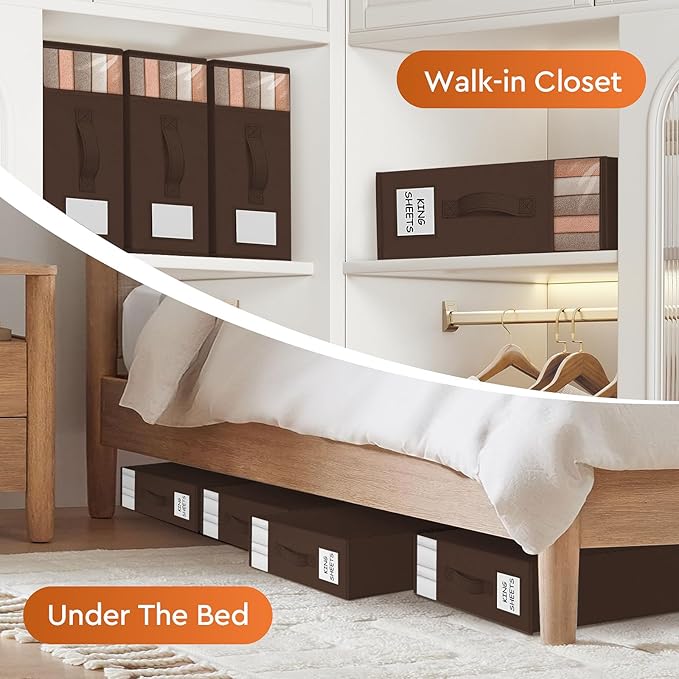 2 Pack Bed Sheet Closet Organizers and Storage,Sturdy Foldable Storage Containers with Window and Label,Storage and Organization for Bedding Sheets,Duvet Covers,Blankets (Brown)