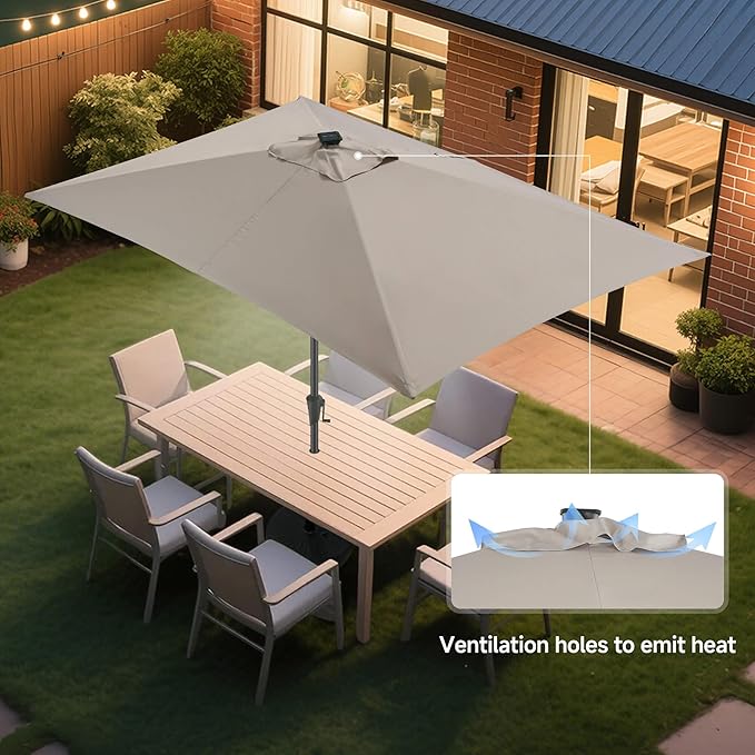 6.5x10 FT LED Lighted Rectangular Patio Umbrella, Rectangular Solar Umbrella Outdoor with Center Ring Light 28 LED Lights, Rectangle Table Umbrella for Deck, Backyard, Pool, Beach (Taupe)