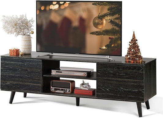 WLIVE Mid-Century Modern TV Stand for 55/60 Inch TV, Entertainment Center with Storage & Adjustable Shelves, Media Console with Soft-Close Cabinets for Living Room/Bedroom, Greige White