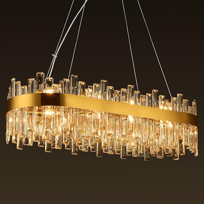 Gold Crystal Chandeliers for Dining Room, 20 Lights Modern Oval Chandelier for Lining Room, Rectangular Crystal Pendant Light Fixture for Kitchen Island Bar L36 Inch