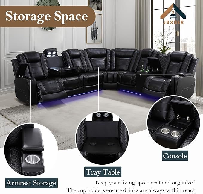 Power Recliner Sectional Sofa Set, Black Leather Sectional Couch for Living Room, L Shape Reclining Sofa with Cup Holder, Hidden Storage, Drop-Down Table for House(6 Seat)