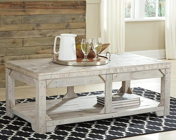 Signature Ashley Farmhouse Lift Top Coffee Table and End Table Set | Whitewash Weathered Finish
