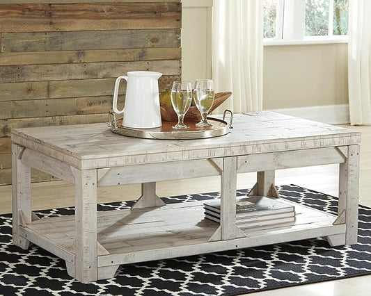 Signature Ashley Farmhouse Lift Top Coffee Table and End Table Set | Whitewash Weathered Finish