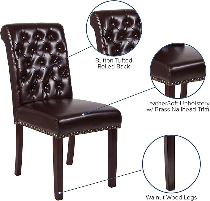 Flash Furniture HERCULES Series Brown LeatherSoft Parsons Chair with Rolled Back, Accent Nail Trim and Walnut Finish