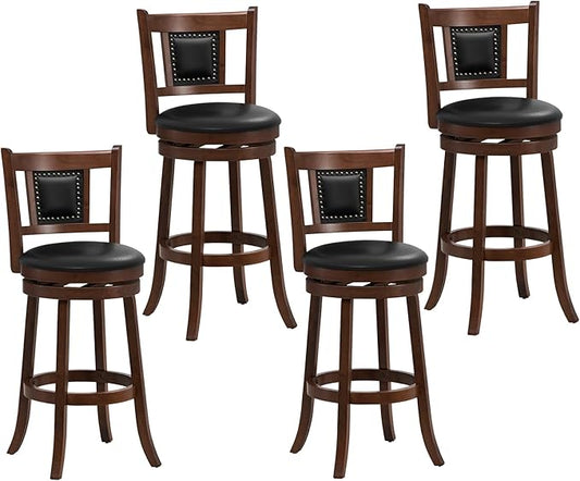 GOFLAME 30.5” Upholstered Bar Stools Set of 4, Swivel Bar Height Stools with Curved Backrest & Footrest, Solid Rubber Wood Barstools for Kitchen Island, Bar Counter, Cafe, Dining Room