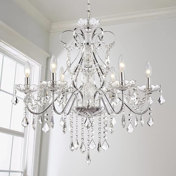 Saint Mossi 6 Light Crystal Chandelier Light Fixture Modern Chandelier Pendant Lighting, Chrome Pendant Raindrop Chandelier for Dining Room,Bedroom,Living Room,H23 x D24