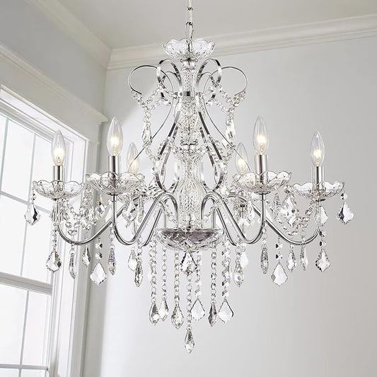 Saint Mossi 6 Light Crystal Chandelier Light Fixture Modern Chandelier Pendant Lighting, Chrome Pendant Raindrop Chandelier for Dining Room,Bedroom,Living Room,H23 x D24
