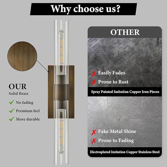 Linear Brass Bathroom Wall Sconce - Luxury Antique Brushed Gold Sconces Set of 2 - Dimmable Vanity Lights Fixture with Clear Glass Tube - Modern Lighting for Bedroom Living Room Hallway Indoor Decor