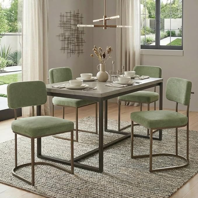 Dining Chairs Set of 4, Upholstered Modern Kitchen Chairs with Ergonomic Backrest, Fabric Cushion & Wire Drawing Curve Metal Legs for Living Room, Restaurant, Café, Green, 2Boxs