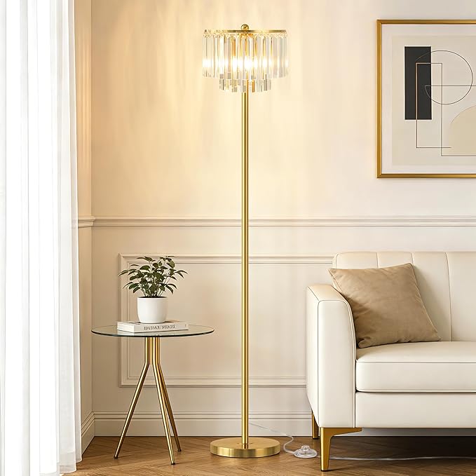 QiMH Floor Lamps for Living Room, Gold Floor Lamp with On/Off Foot Switch, Standing Lamp with Double Layer Crystal Bars Lampshade, 63" Tall Floor Lamps for Bedroom Corner Office(3 Bulbs Included)