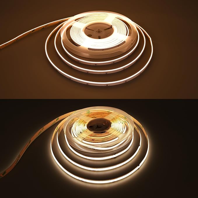 TOPAI Side Emitting 24V COB LED Strip Warm White 3000K 16.4ft Dotless 480LED/M High Density CRI>90 Self Adhesive Cuttable Flexible 8mm Width LED Tape for Home, Office DIY Lighting