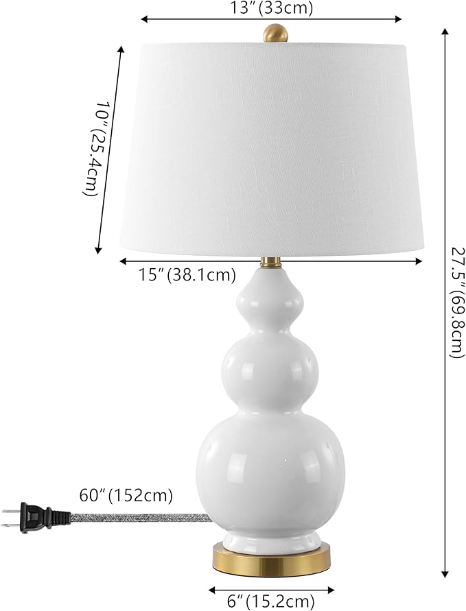 JONATHAN Y 27.5" White/Brass Gold Modern Ceramic Gourd Table Lamp for Living Room, Large Bedside Nightstand Lamp for Bedroom, White Linen Drum Shade, LED Bulb Included (JYL4023D)