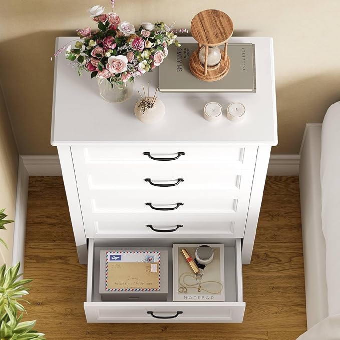 Gizoon 5 Drawer Dresser, White Wood Chest of Drawers for Bedroom, 43.3" Large Capacity Storage Cabinet with Anti-Tip Device, for Clothes, Living Room, Hallway, Office