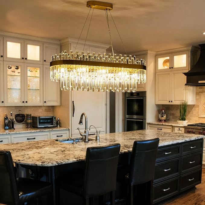 Gold Crystal Chandelier for Dining Room, 35.4" Modern Luxury 2-Tier K9 Crystal Oval Chandelier, 10-Light E12 Base Pendant Light, Height Adjustable for Kitchen Island Living Room Light Fixture